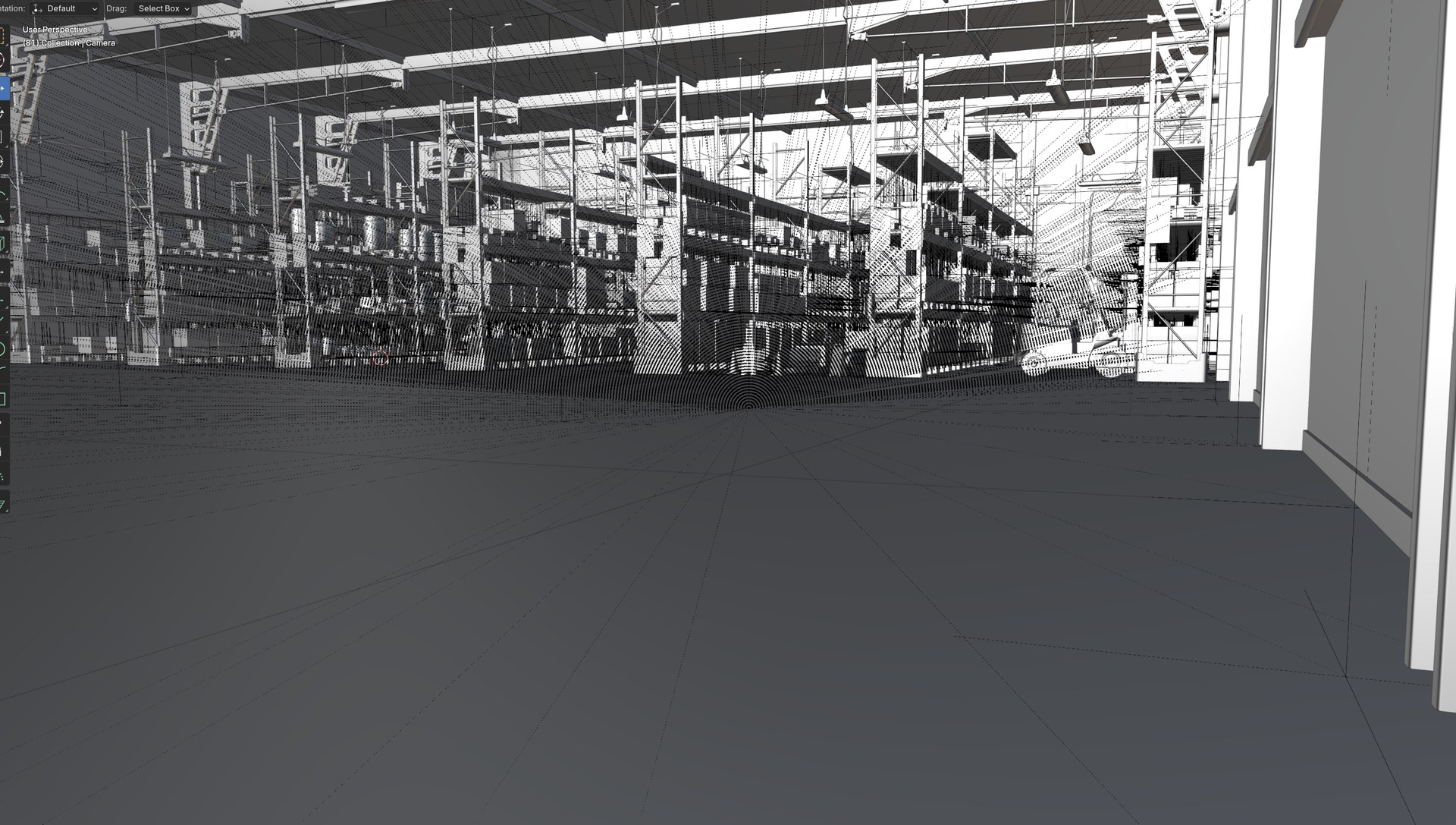 Blender wireframe of the exported warehouse